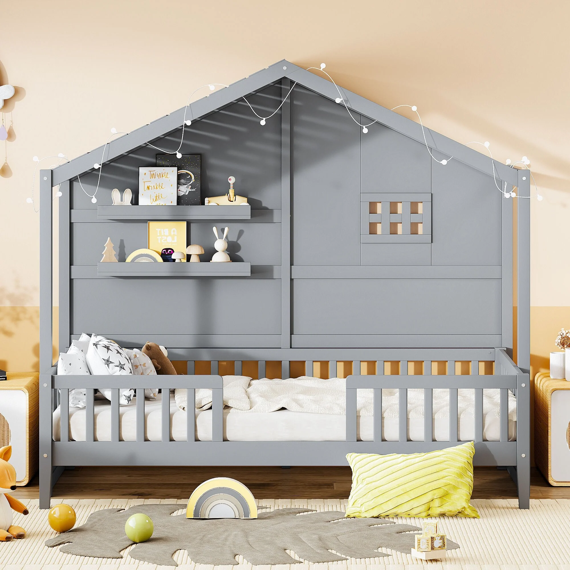 Grey Twin House Bed with Shelves and Light
