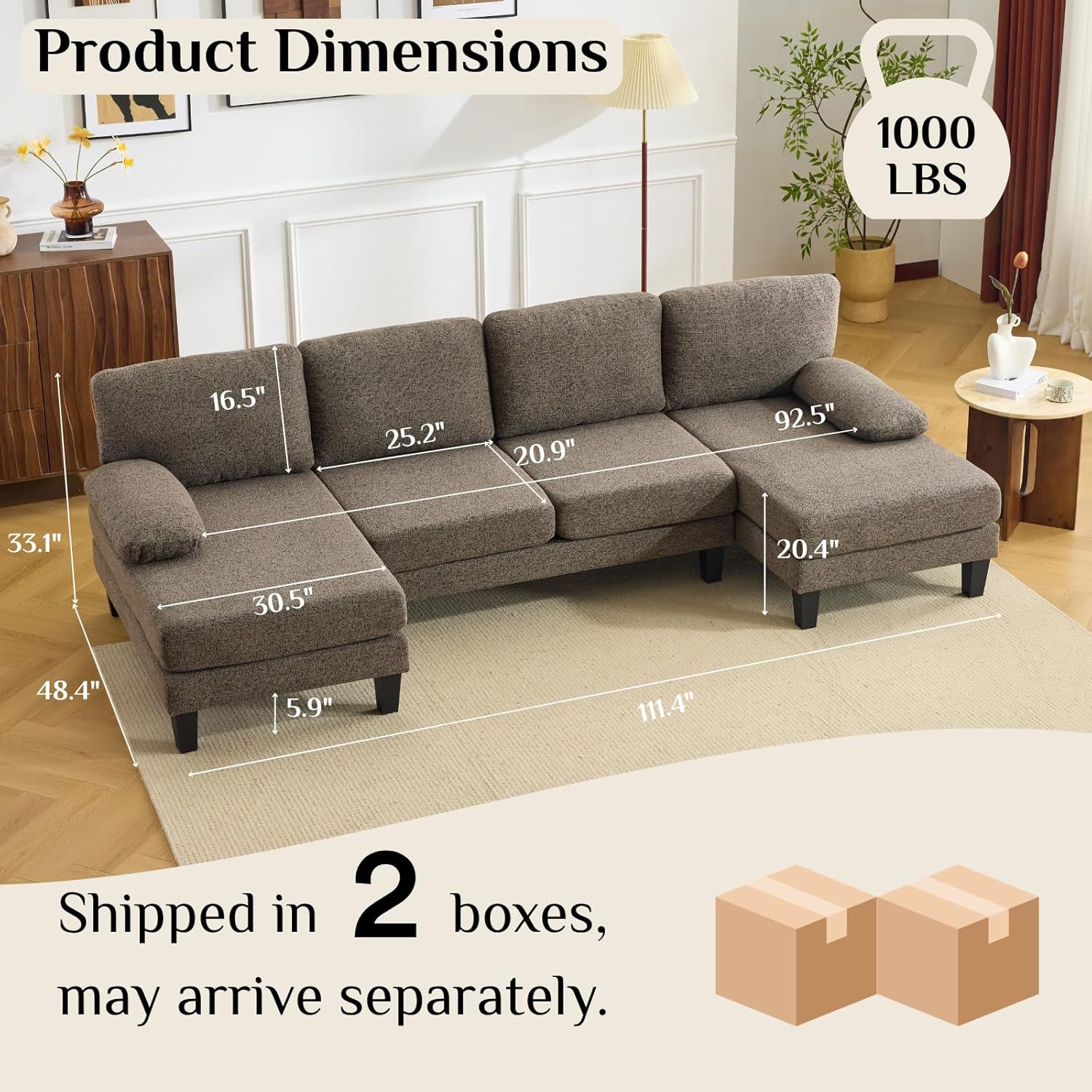 Karl home 110 U-Shape Sectional Couches for Living Room Chenille Upholstery 4 Seat Sofa Set with Double Chaises & Wood Grain Legs for Apartment, Brown
