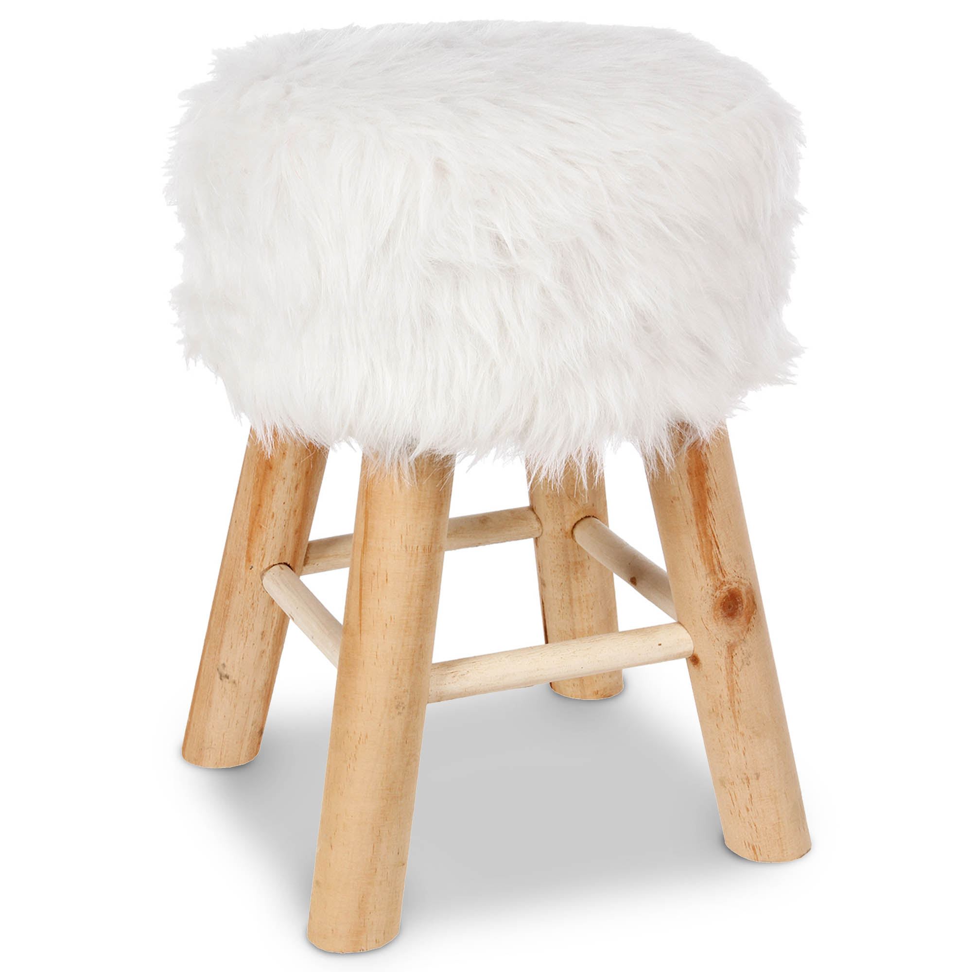 Tamborete com pelo branco e pernas em madeira