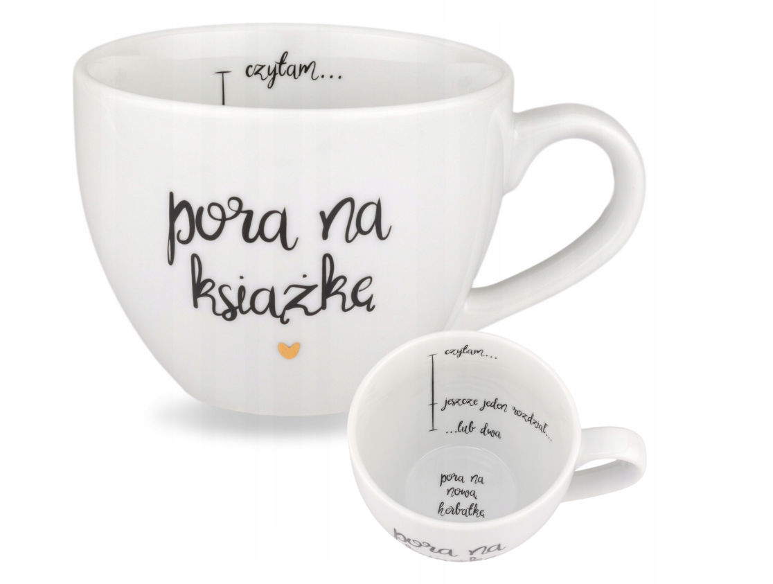 Biały Kubek Porcelanowy 500 ml - Pora na Książkę z Motywem Złotego Serca