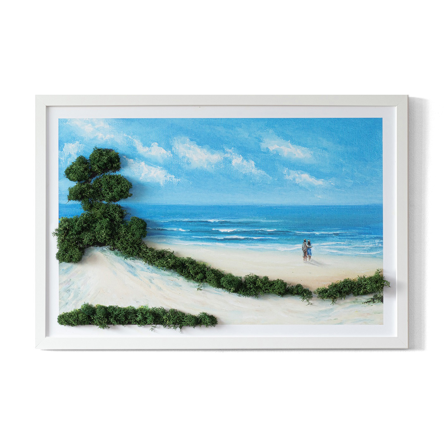 Obraz z mchem - Zakochani na plaży 60x40 cm Biała Rama