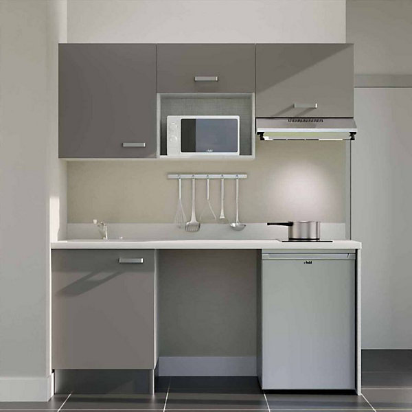 Kitchenette K55 - 180 cm - façades Gris - Plan monobloc en quartz coloris Snova évier à gauche - Electroménager Inox
