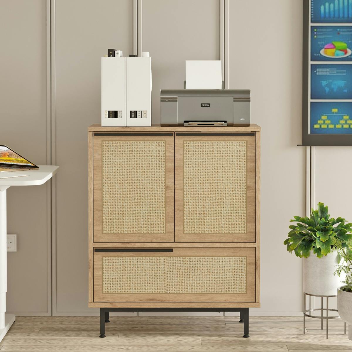 Meuble de rangement bureau 3 portes décor cannage JENA