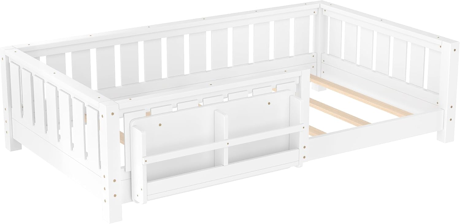 Bellemave Twin Floor Bed with Slats and Safety Guardrail, Twin Size Montessori Floor Bed with Fence and Built-in Bookshelf, Easy Assemble Montessori Beds for Kids, Girls, Boys, White