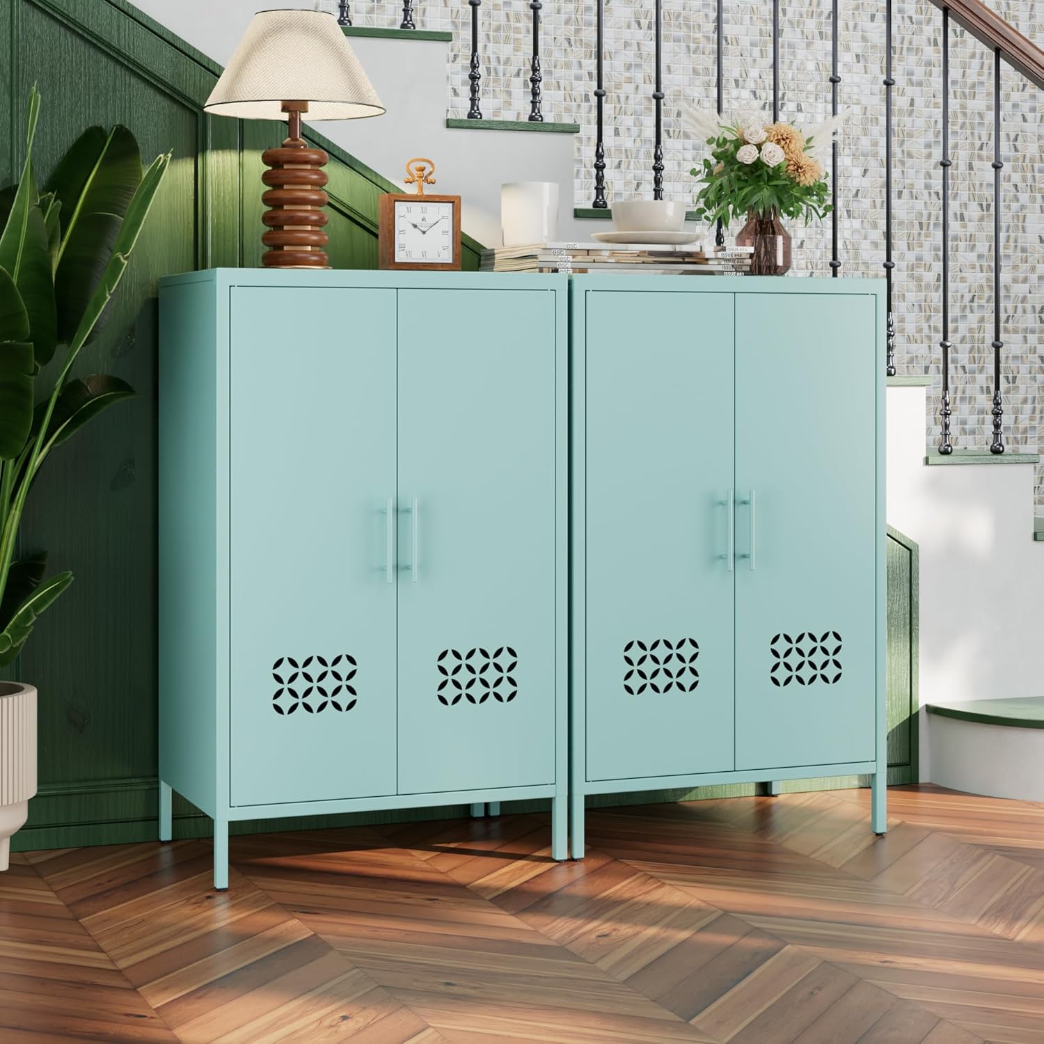 Metal Storage Cabinet with Adjustable Shelves,Metal Buffet Sideboard with 2 Doors for Kitchen,Home,Office, 42 H x 26 W x 14 D,Assembly Required,Blue