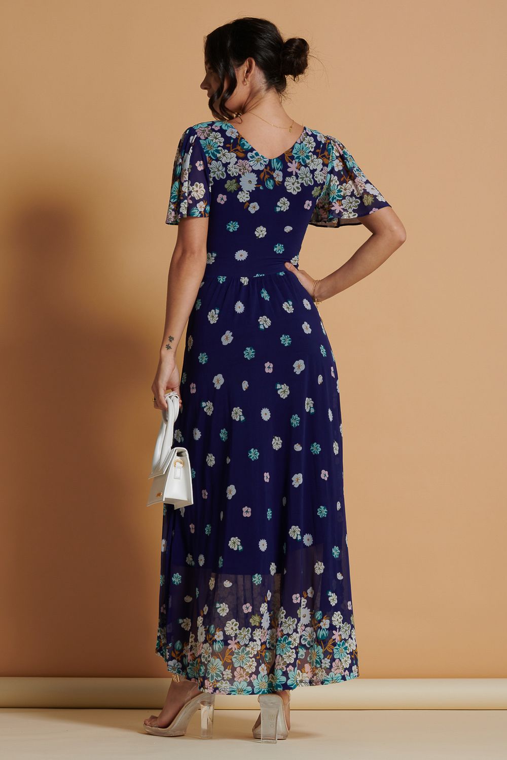 Jolie Moi Mirrored Angel Sleeve Mesh Maxi Dress