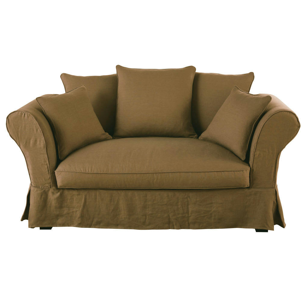 Roma - Housse de canapé 2 places en lin froissé marron havane