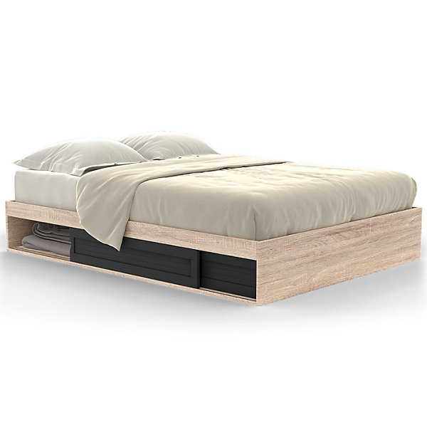 Cadre de lit double SALEM avec rangements et sommier 140 x 190 cm façon hêtre et noir