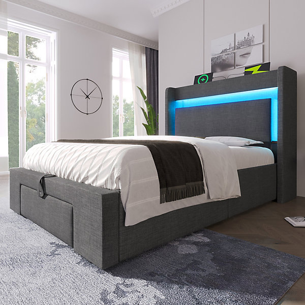Lit coffre rembourré 90x200cm avec LED et interface USB - 1 tiroir - tête de lit avec rangement - lin - Gris (sans matelas)