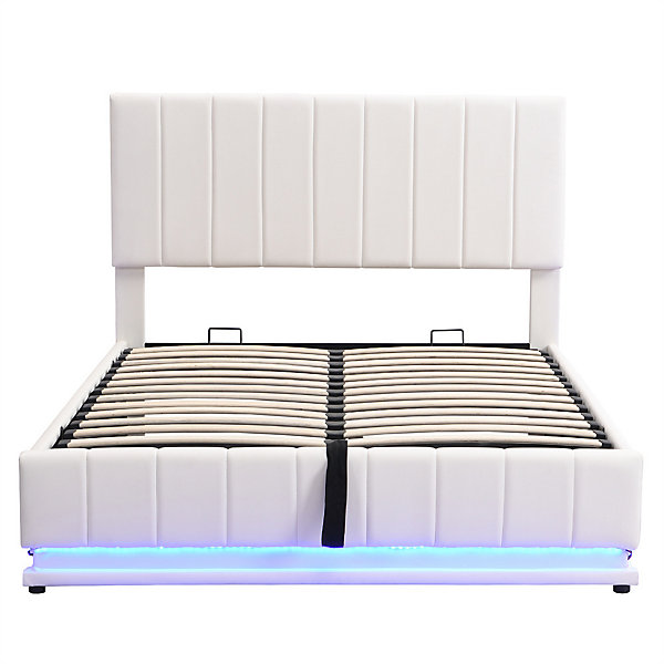 Lit adulte lit 140x200 cm lit led rembourré hydraulique lit double cuir synthétique blanc