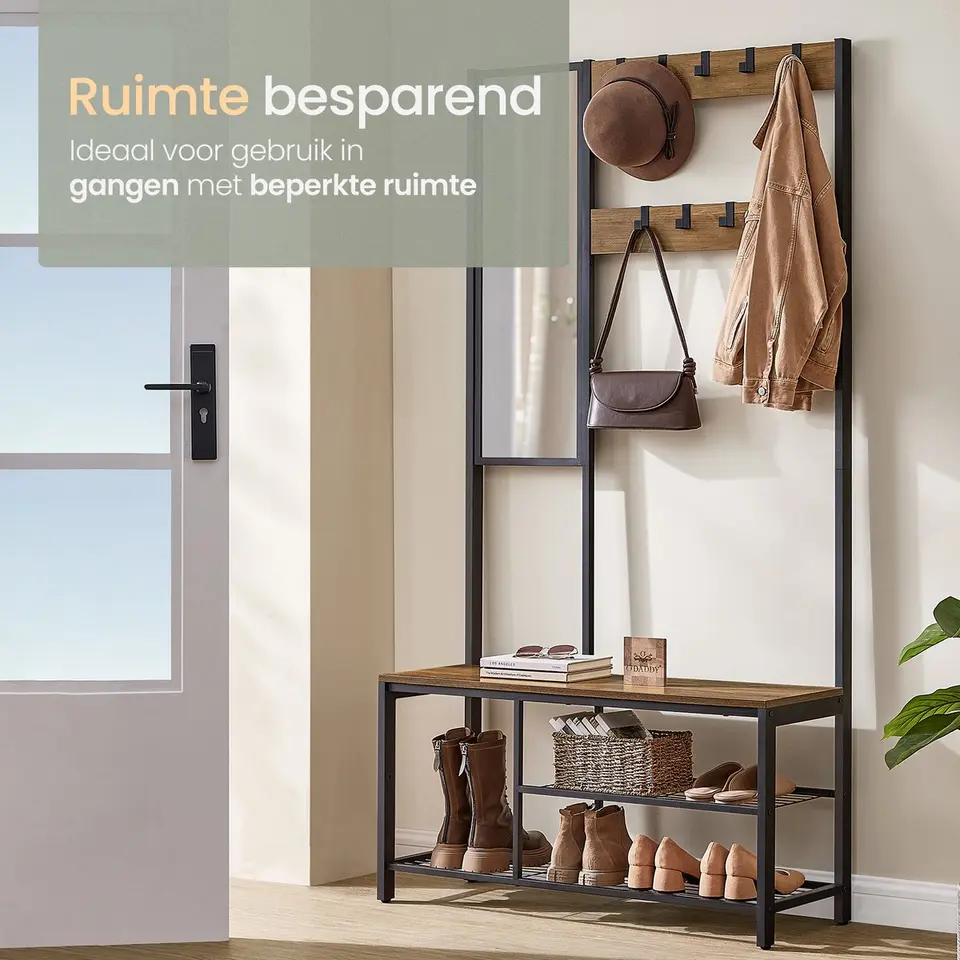 O'DADDY Garderoberek Met Spiegel - Kapstok - Schoenrek - Vintage - Zwart