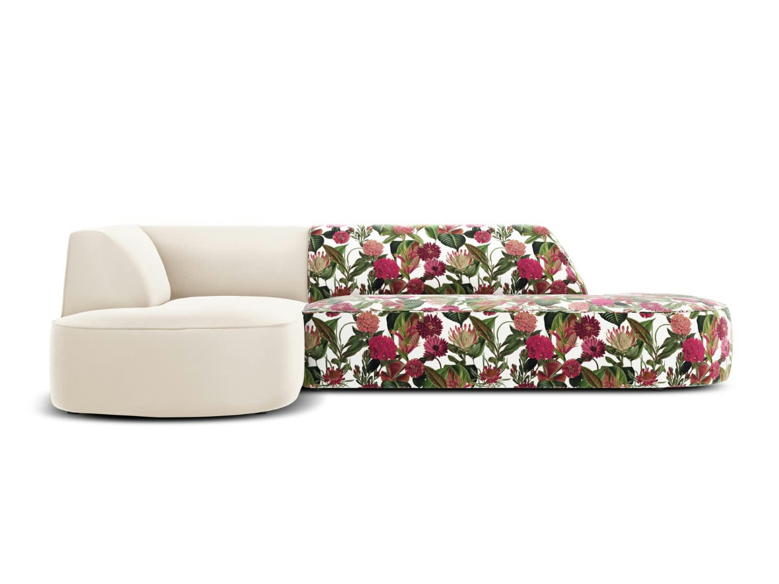 CHARLES - Canapé D'Angle Gauche 4 places en Velours Motif de Rose de Jardin