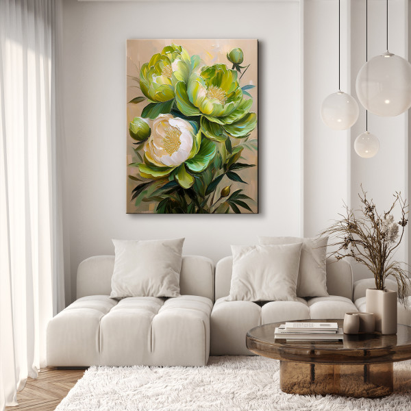 Feeby Obraz na płótnie, Kwiaty Malowane Piwonia Zielony 40x60