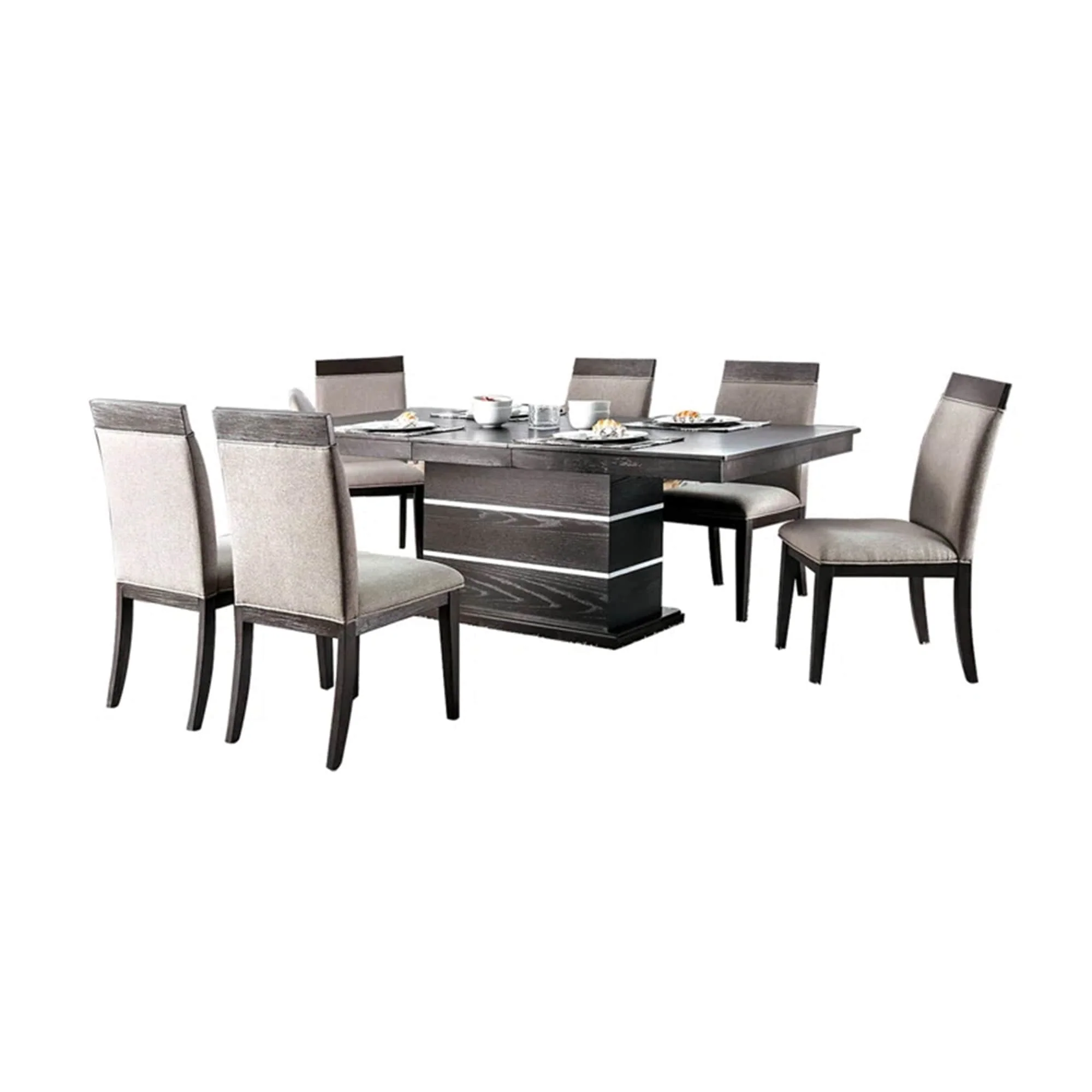 Keo 7pc Dining Table Set, Beige, Espresso Brown, Extendable 66-84 Inch