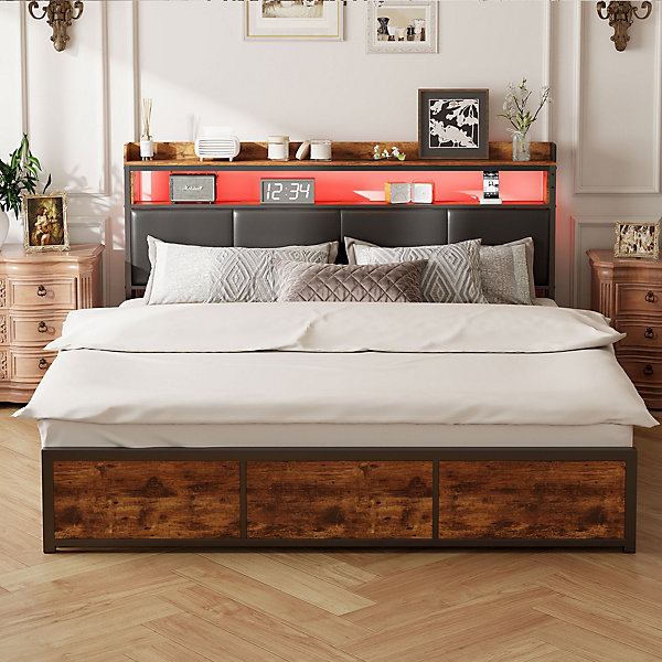 Lit double 180x200 cm en fer avec revêtement PU noir mat effet tigre, tête de lit avec rangement et barre LED