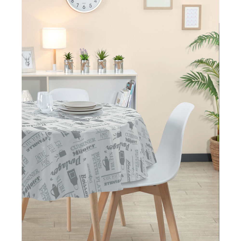 Nappe ronde toile cirée blanche avec inscription grise