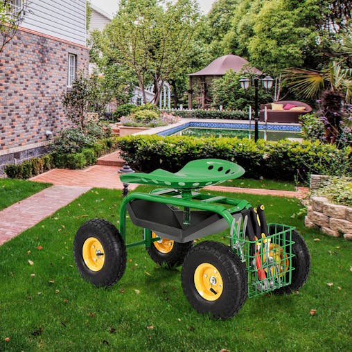NNECW Rolling Garden Cart With Tool Tray Work Seat For Gardening-Green