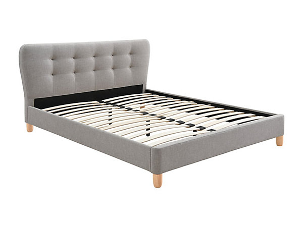 Lit 140 x 190 cm avec tête de lit capitonnée - Tissu - Gris - ELIDE