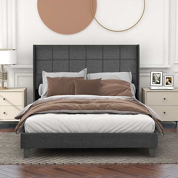 Lit double 140x200 cm - Lit adulte capitonné avec sommier à lattes - Lin - avec Matelas - Gris