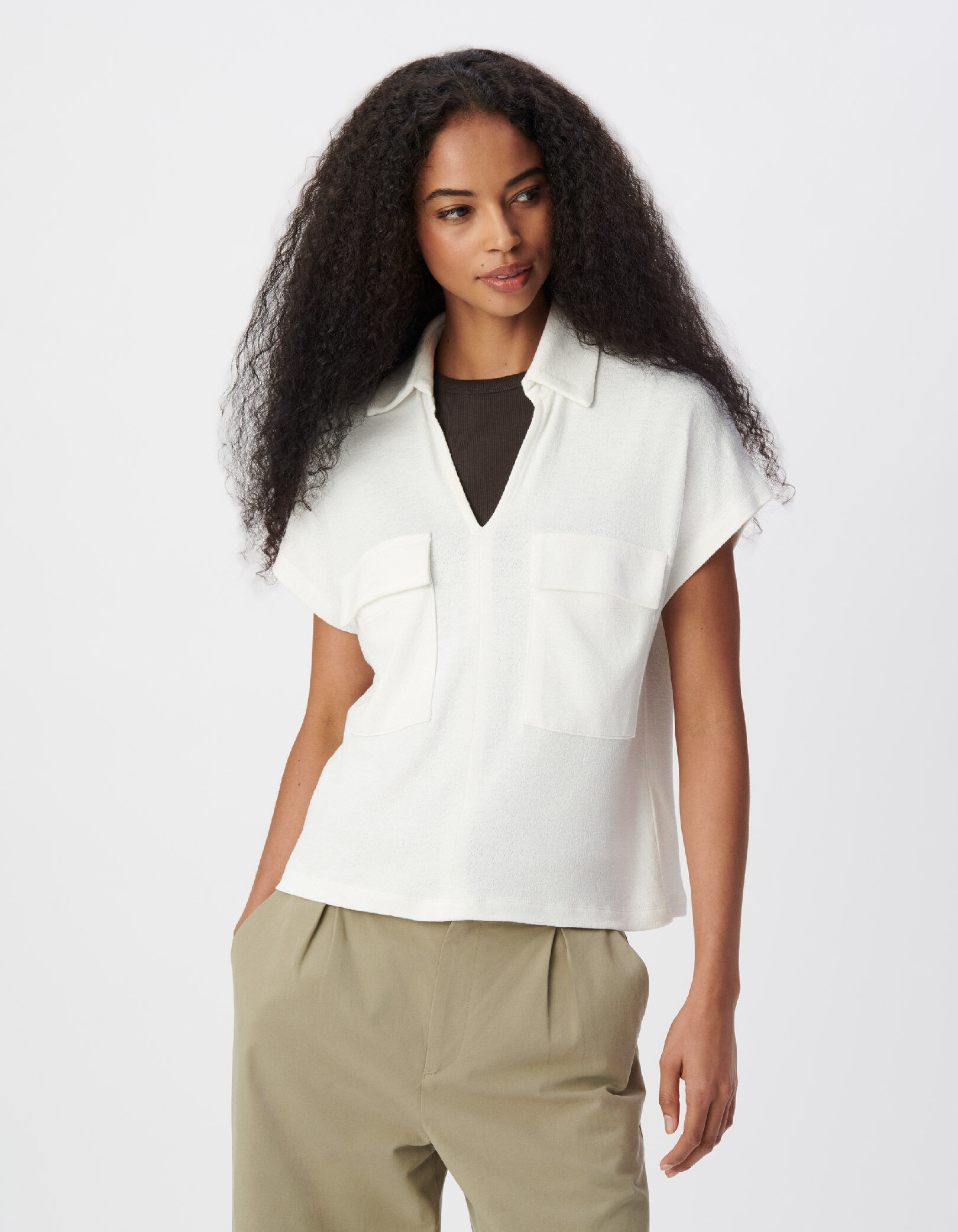 Tee-shirt col polo blanc éponge poches plaquées Femme