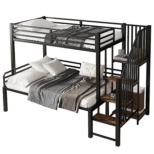 Lit superposé fer,90/120x200cm,noir bois vintage,échelle,rangement