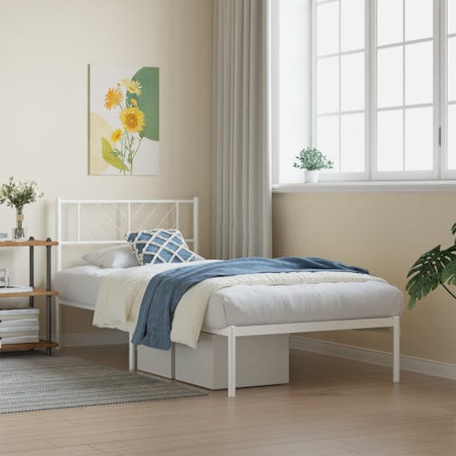 NNEVL Metal Bed Frame with Headboard White 107x203 cm