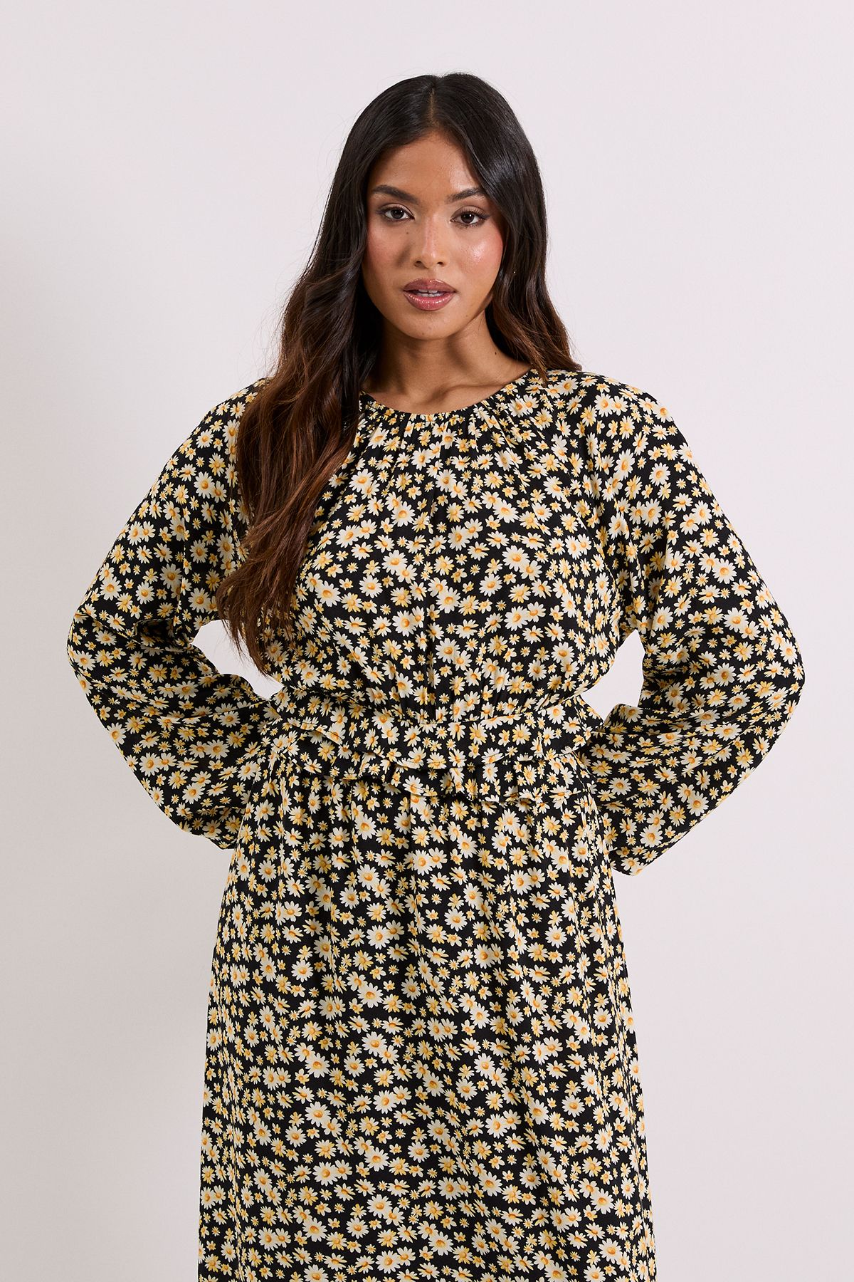 Dorothy Perkins Petite Black Daisy Frill Waist Blouson Sleeve Midi Dress