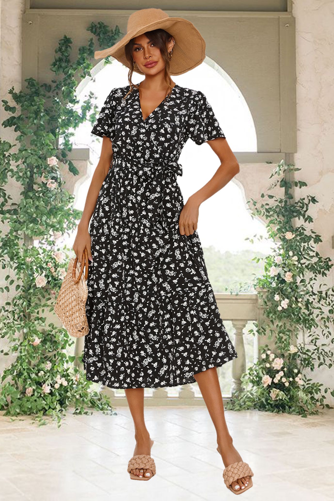 FS Collection White Floral Print Hem Tiered Wrap Midi Dress In Black