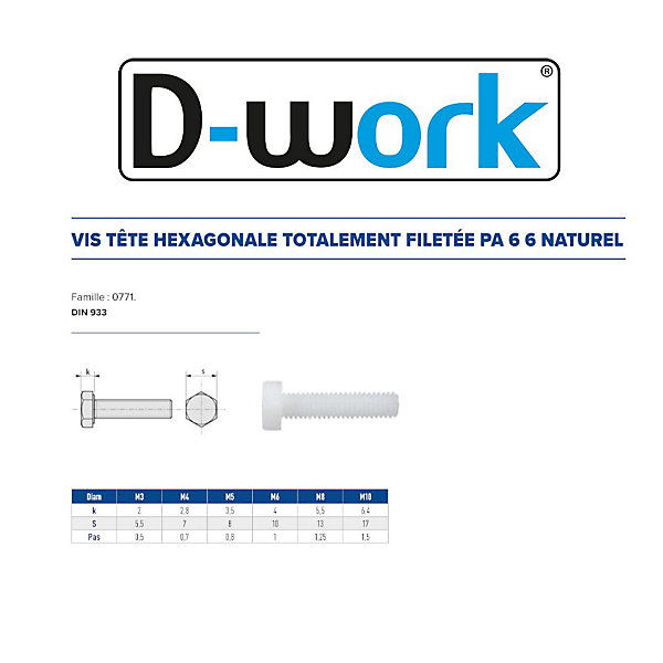 200 Vis Métaux Tête Hexagonale F/Total 6 x 25 mm - DIN 933 - Polyamide - D-Work