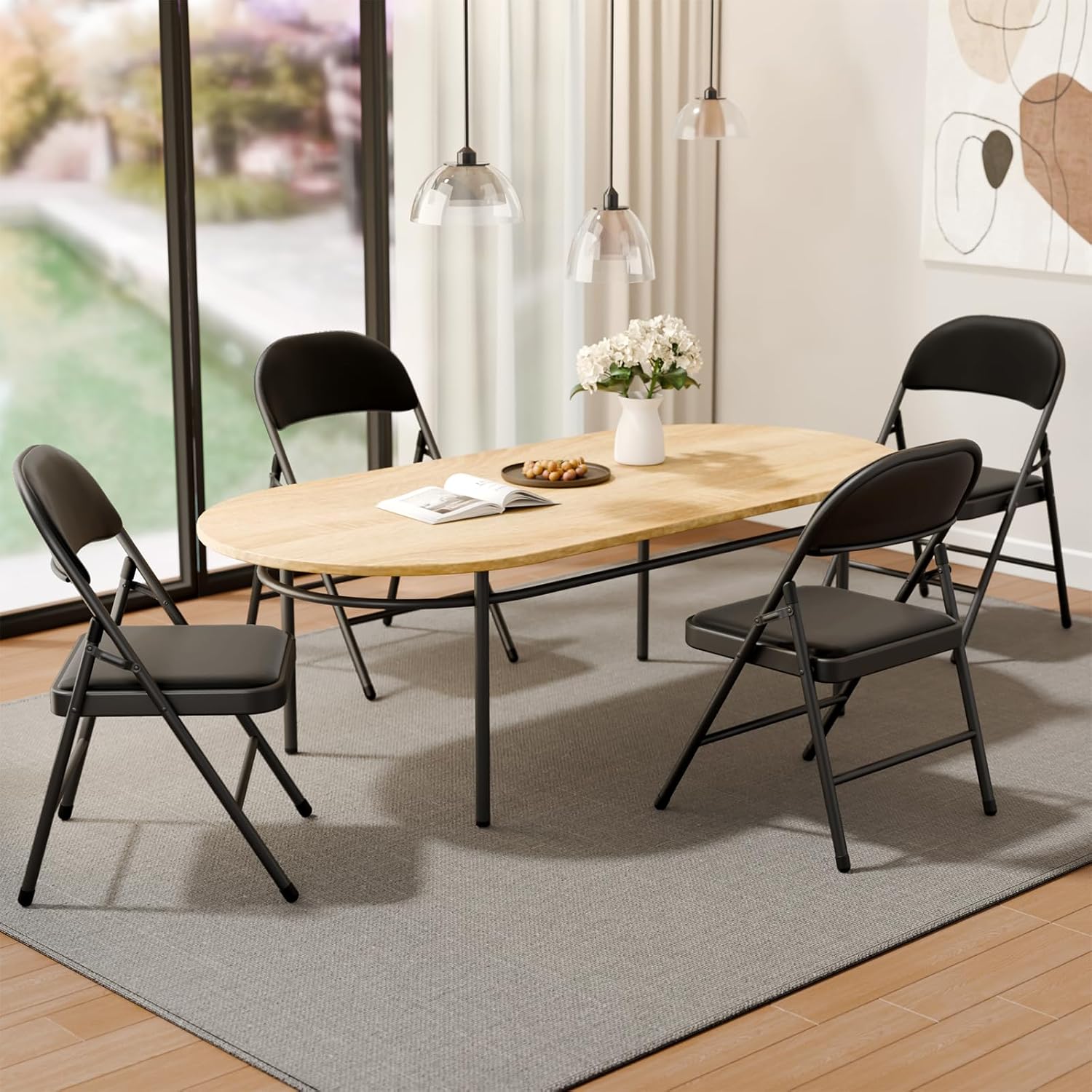 Black Padded Folding Chairs 6 Pack, 350LBS Heavy-Duty Steel Frame Foldable Chairs for Indoor Outdoor Wedding Party Dining Events