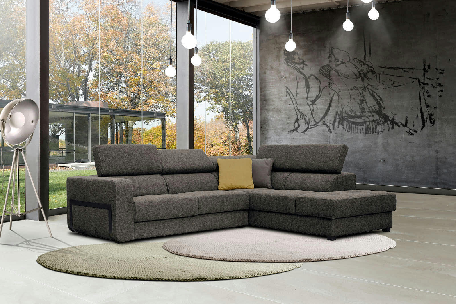 BERGO - Canapé d'angle droit 5 places en tissu marron avec coussins déco