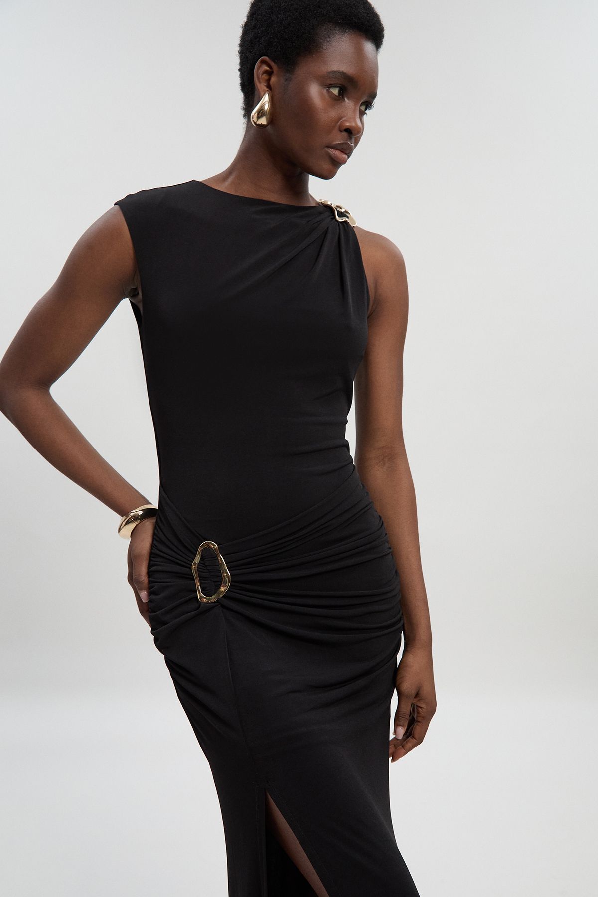 KarenMillen Drapey Crepe Trim Detail Ruched Maxi Dress