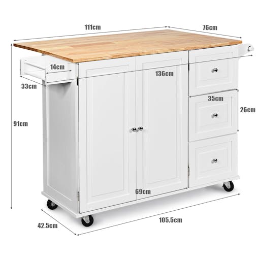 NNECW Kitchen Island Trolley with 3 Drawers & Adjustable Shelves