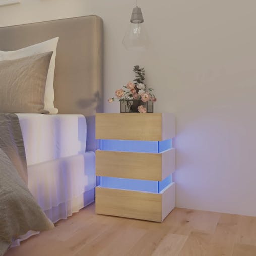 NNEVL LED Bedside Cabinet White and Sonoma Oak 45x35x67 cm Chipboard