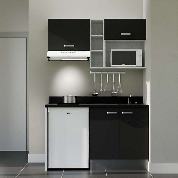 Kitchenette K13 - 140 cm - façades Noir - Plan monobloc en quartz coloris Nero évier à droite - Electroménager Blanc