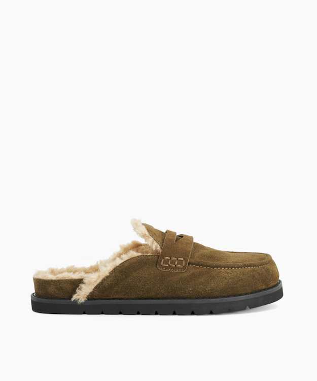 Goldy Khaki - Faux Shearling Lined Backless Mule Suede Loafers