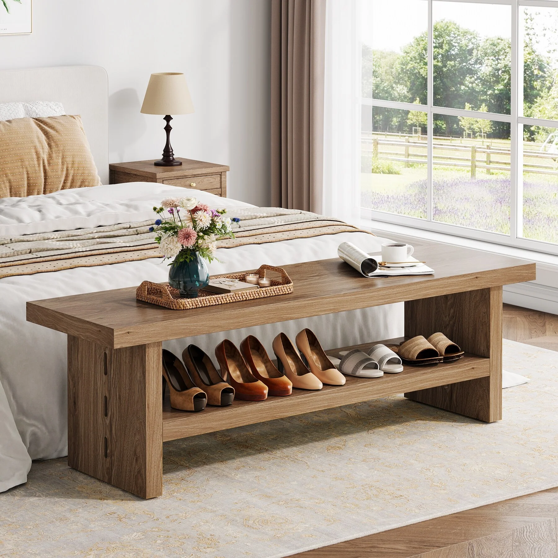 Shoe Bench, Entry Bench For Entryway, Living Room, Oak Brown