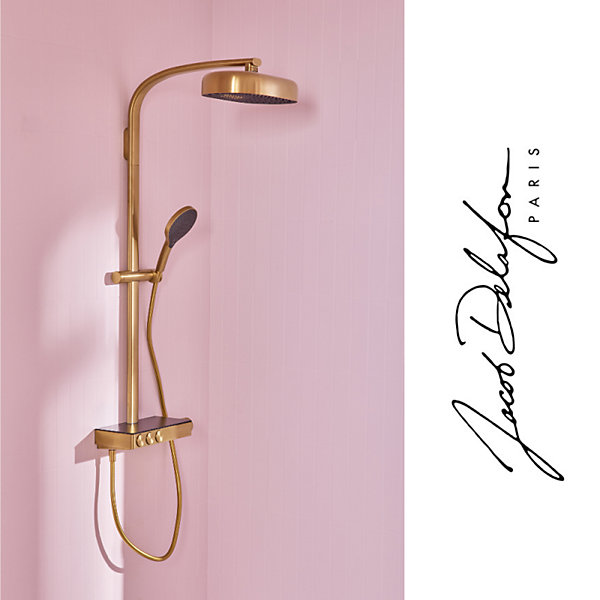 Colonne de douche thermostatique JACOB DELAFON Grands Boulevards avec tablette en verre laiton brossé