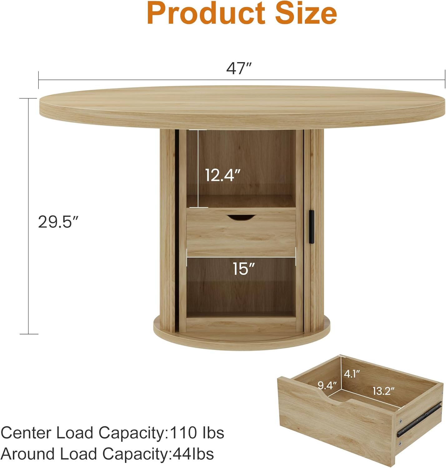Garvee 47 Inch Round Dining Table for 4, Kitchen Table with 2-Layer Storage Shelf and a Drawer, Farmhouse Circle Dinner Table for Dining Room, Kitchen, Living Room (Table Only), Natural