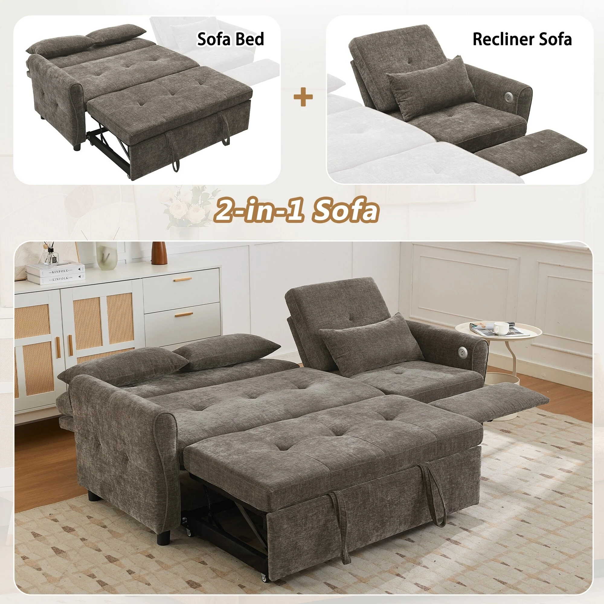 82 Chenille 2-in-1 Sofa Bed with Adjustable Backrest, Reversible Chaise, USB Charging Ports