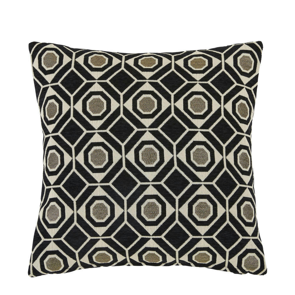ROMBA - Coussin tissé jacquard motifs graphiques noirs et fils dorés 45x45