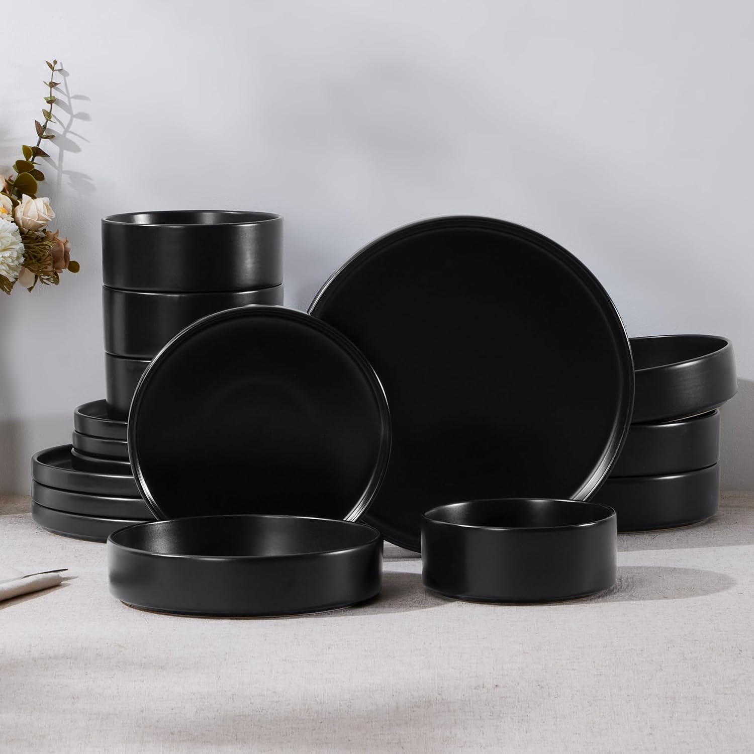 E-far 16-Piece Black Plates and Bowls Sets - Stoneware Dinnerware Sets with Pasta Bowls for 4 | Matte Black Kitchen Modern Dish Set, Microwave & Dishwasher Safe