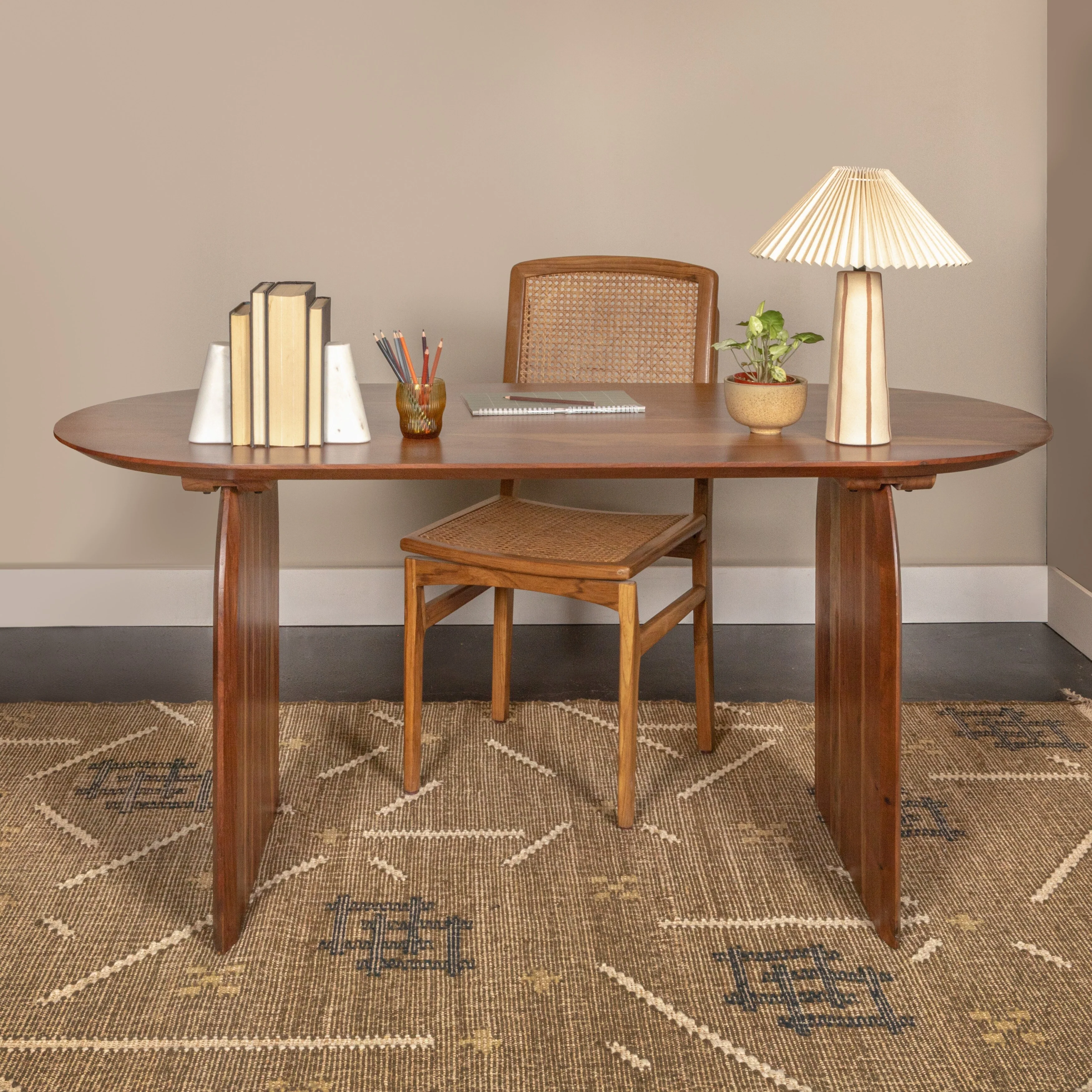 Acacia Wood Dining Table with Half-Moon Base