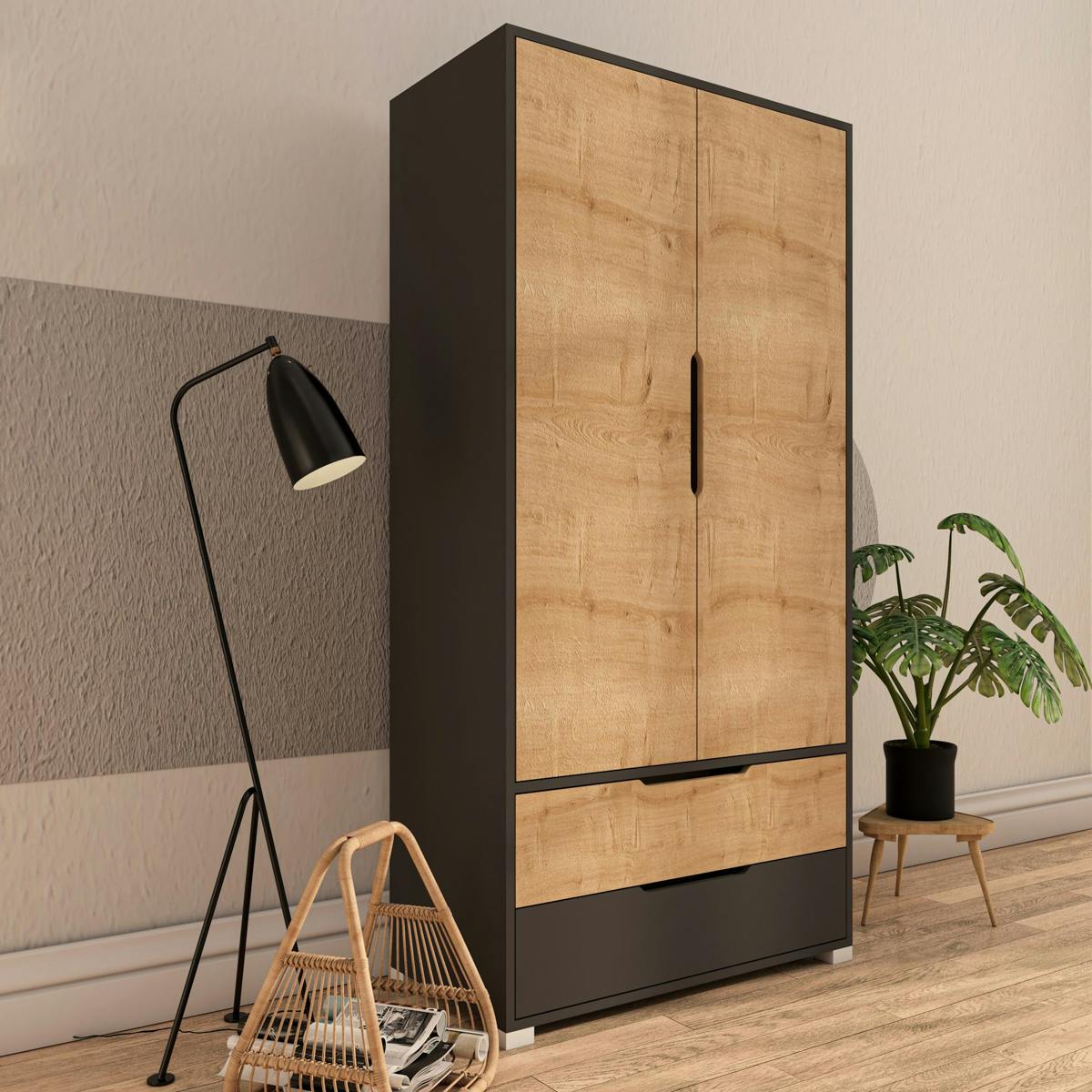 Armoire penderie 2 portes effet bois et anthracite BYRON