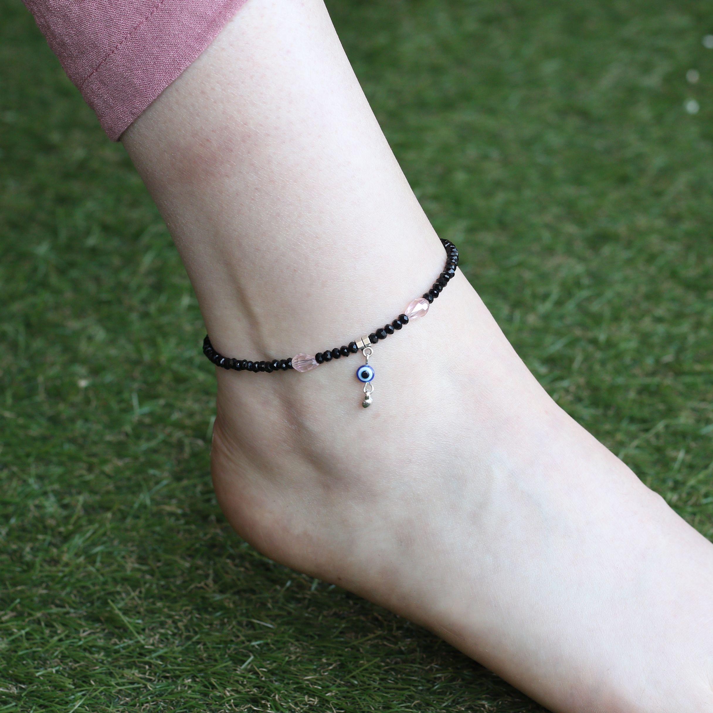 The Colourful Aura Dangle Evil Eye Black Beaded Silver Foot Anklet Payal