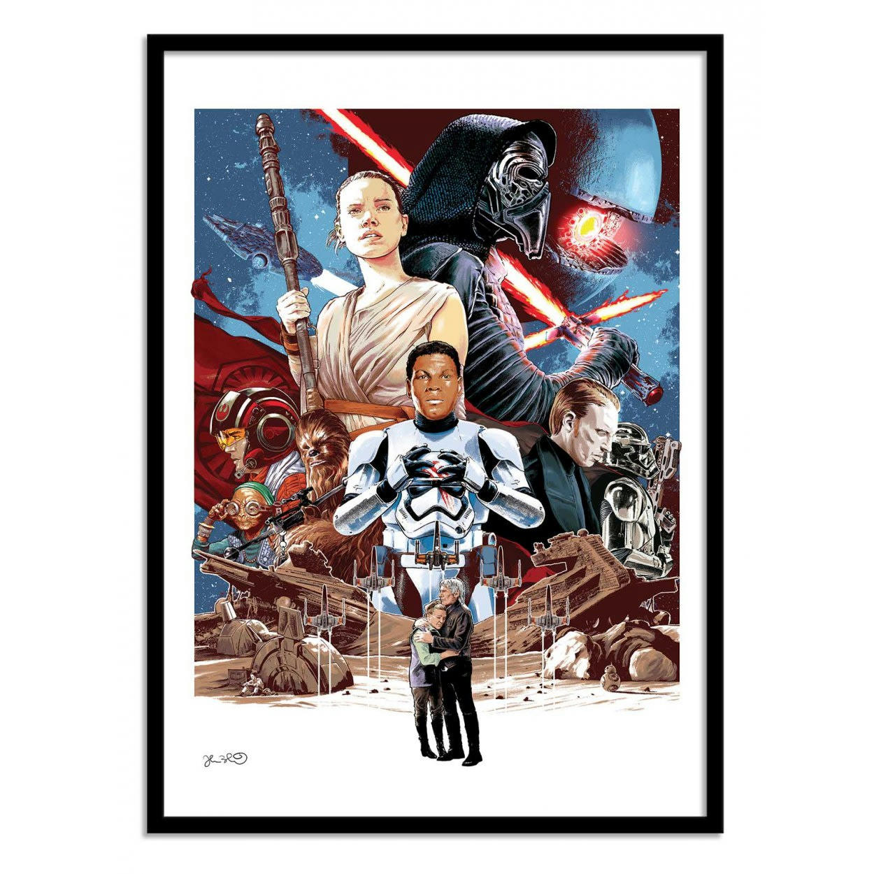 JOSHUA BUDICH - THE FORCE AWAKEN -  Affiche d'art avec Cadre bois noir - 30 x 40 cm