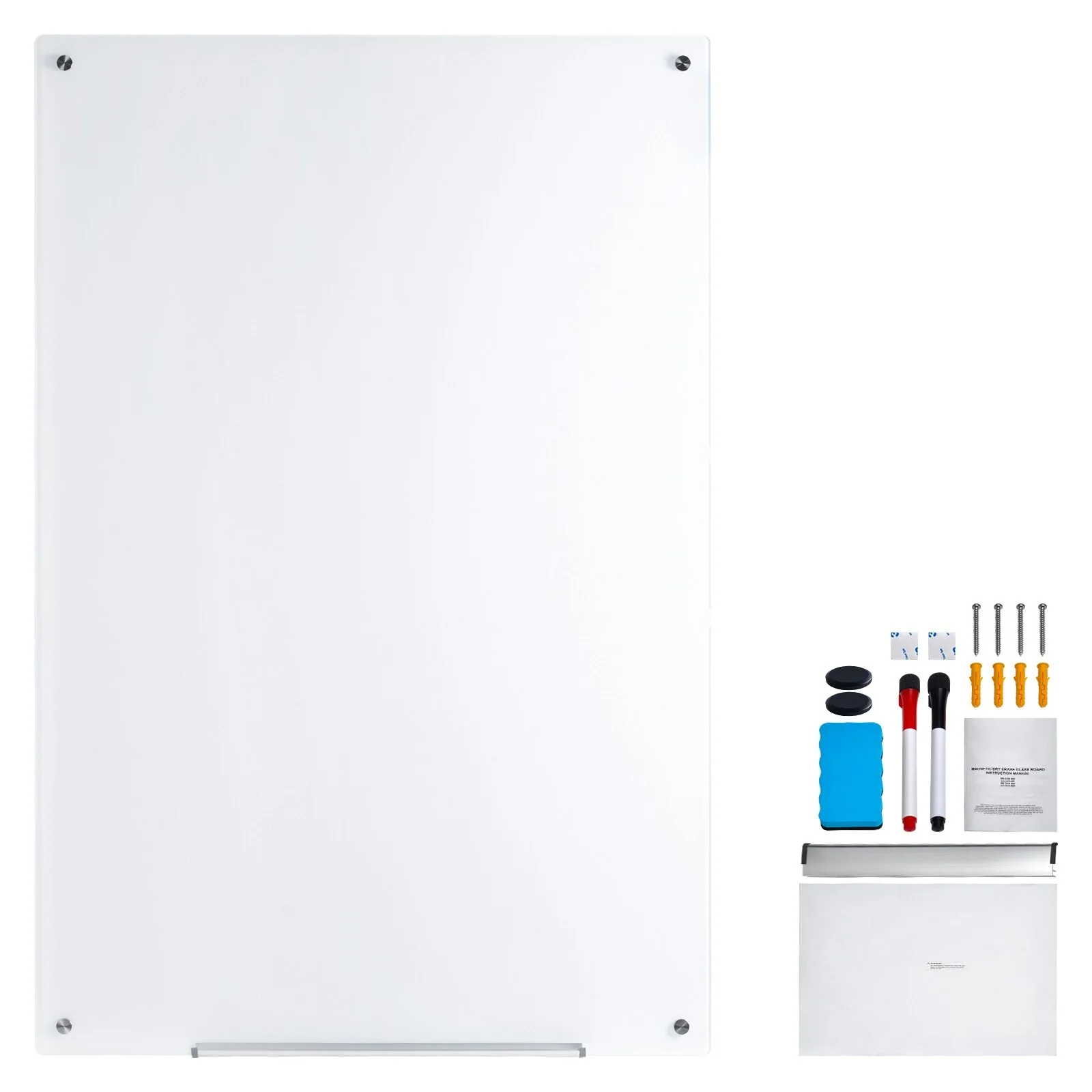 Magnetic Glass Whiteboard, Dry Erase Board, Wall-Mounted Large White Glassboard Frameless, with Marker Tray