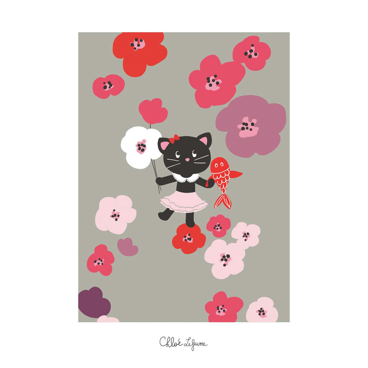 MILLY - Affiche chat et fleurs en Papier Rouge