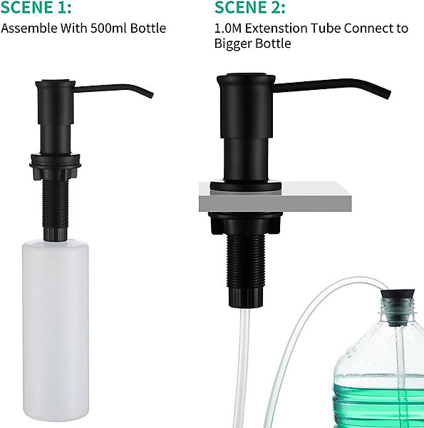 Distributeur de savon encastrable avec bouteille de 500 ml et tube rallonge de 1,0 m, recharge par le haut, noir