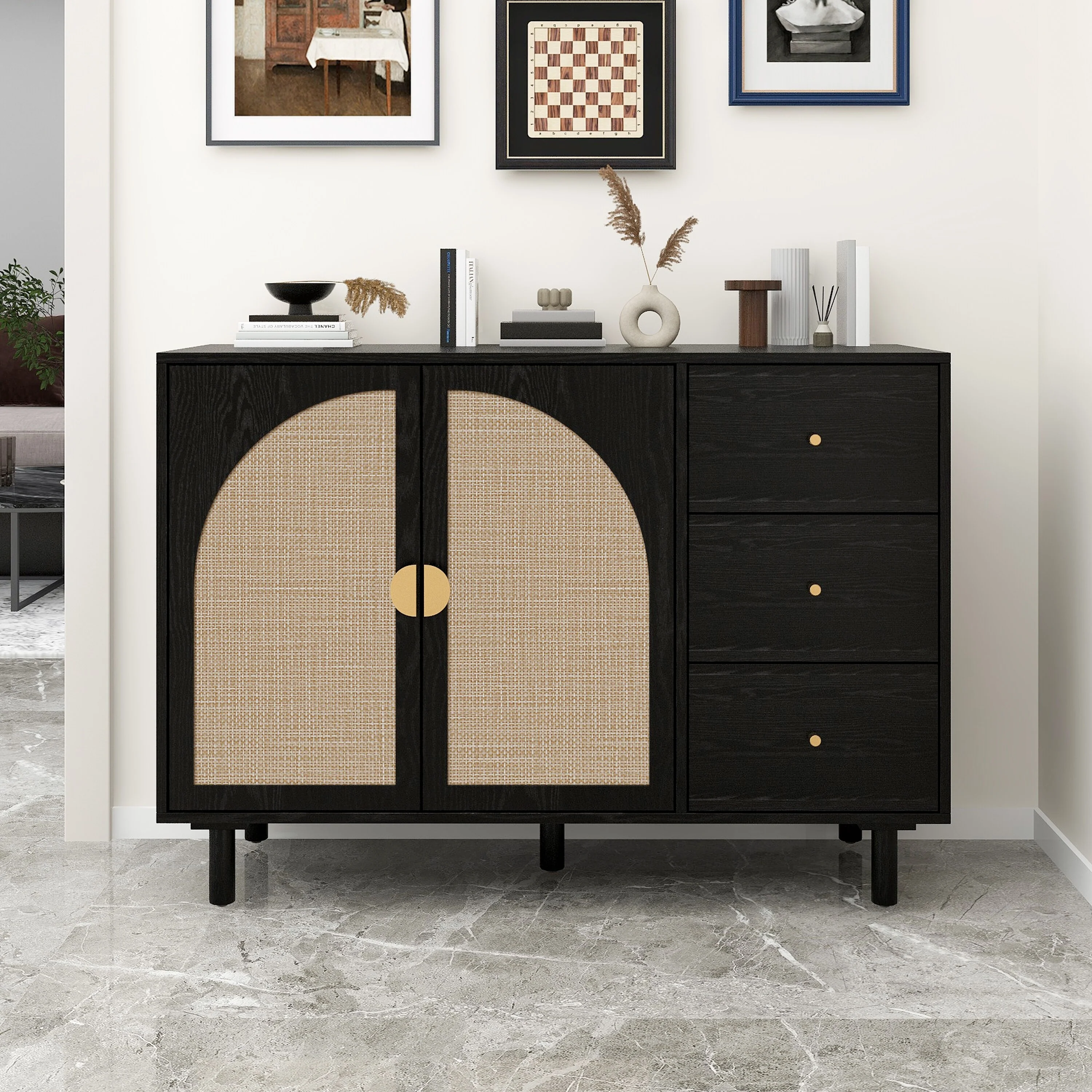 44.49 Horizontal Dresser with 3 Drawer, 2 Door and textured, Suitable for Bedroom, Living Room